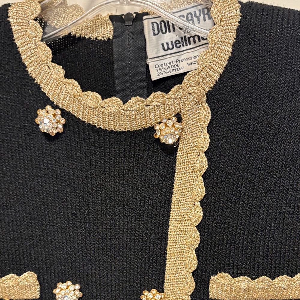 Vintage Don Sayres For Wellmore Wool Blend Black with Gold Trim Knitted Dress 8 - Picture 7 of 13